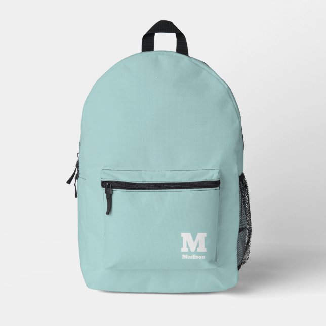 Modern Pastel Mint Green Classic Monogram Name Printed Backpack (Front)