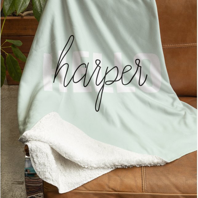 Modern Pastel Mint Hello And You Name Fleece Blanket (Creator Uploaded)