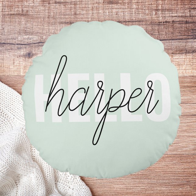 Modern Pastel Mint Hello And You Name Round Cushion (Creator Uploaded)