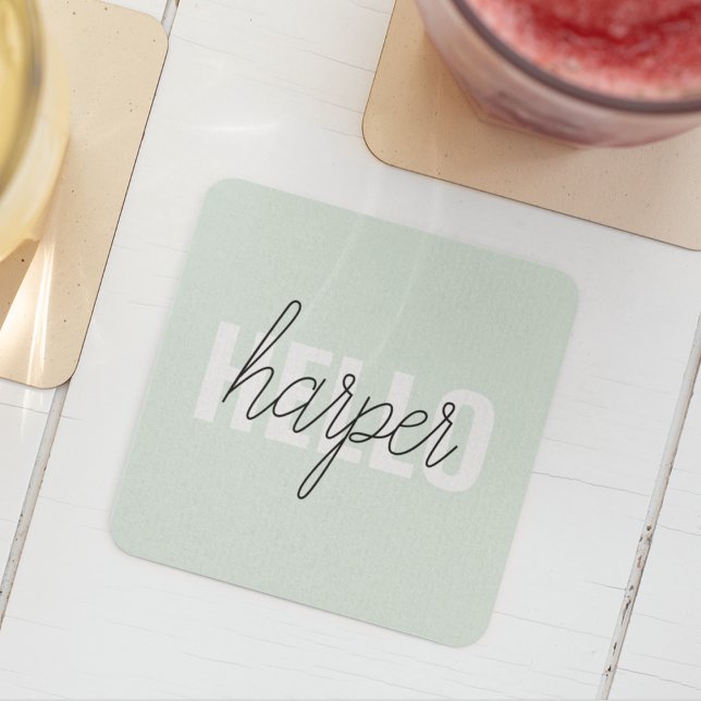 Modern Pastel Mint Hello And You Name Square Paper Coaster (Creator Uploaded)