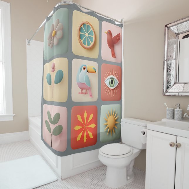 Modern Pastel Nature Icons Shower Curtain (In Situ)