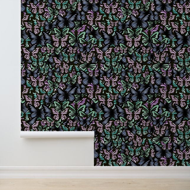 Modern, pastel pink and green, black, butterfly wallpaper (Application)