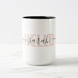 Modern Pastel Pink Beauty Hello And Your Name Two-Tone Coffee Mug