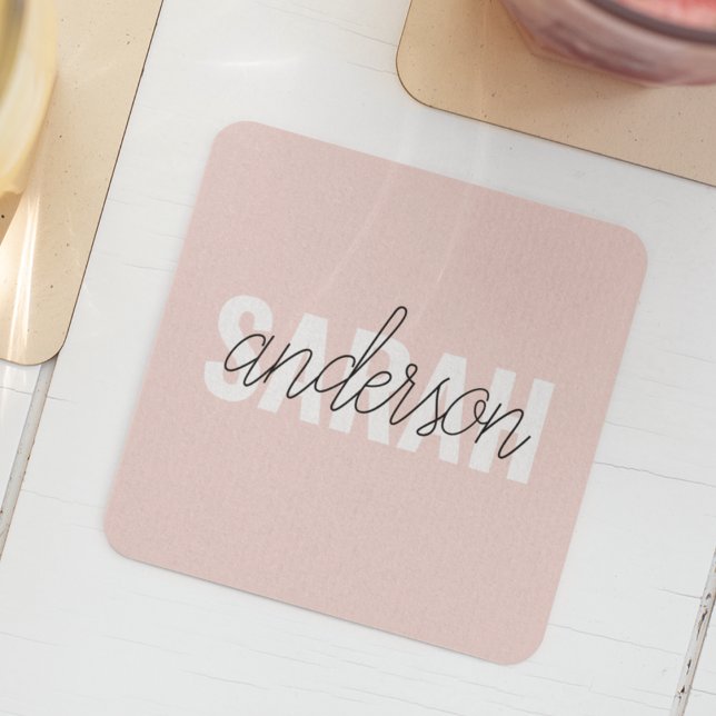 Modern Pastel Pink Beauty Personalised You Name Square Paper Coaster (Creator Uploaded)