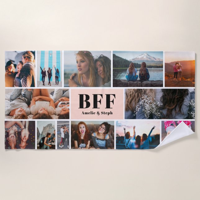 Modern pastel pink BFF best friends photo collage Beach Towel (Front)