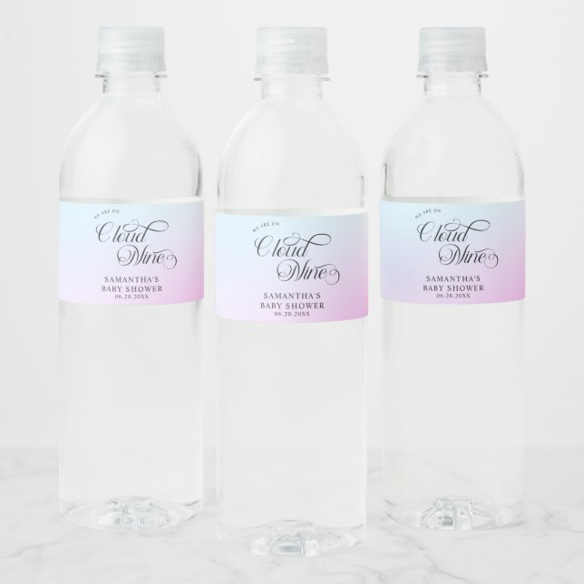 Modern Pastel  Pink Cloud Nine Baby Shower Water Bottle Label (Bottles)