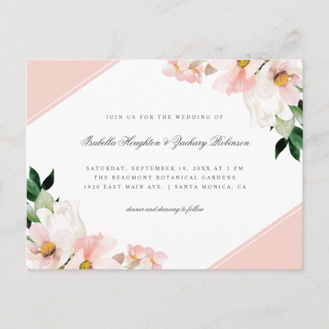Modern Pastel Pink Corners Floral Wedding Invitation Postcard (Front)