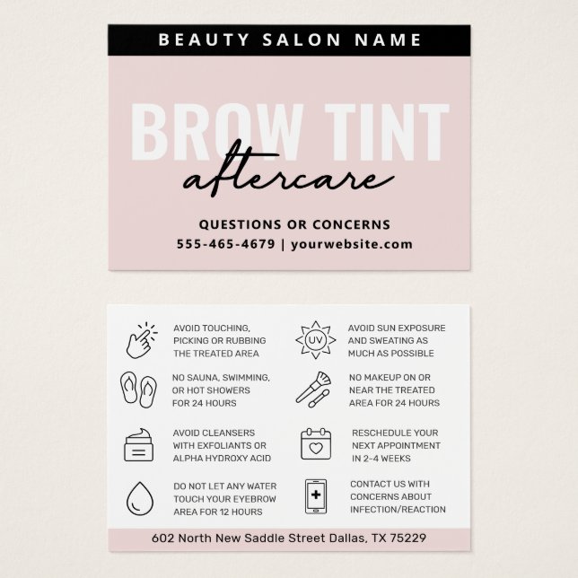 Modern Pastel Pink Eyebrow Tint Aftercare Card (Front & Back)