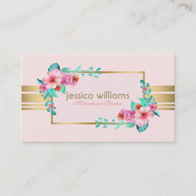 Modern, Pastel Pink, Flowers & Gold Accent Business Card (Front)
