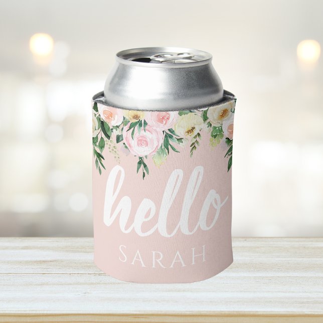 Modern Pastel Pink Flowers Hello And You Name Can Cooler (Creator Uploaded)