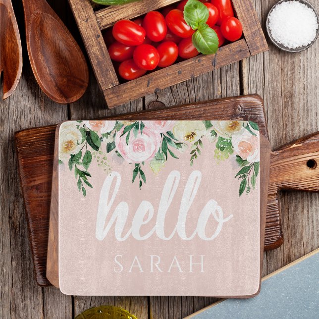 Modern Pastel Pink Flowers Hello And You Name Cutting Board (Creator Uploaded)