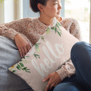Modern Pastel Pink Flowers Hello And You Name Decorative Cushion