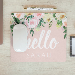 Modern Pastel Pink Flowers Hello And You Name Mouse Mat