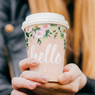 Modern Pastel Pink Flowers Hello And You Name Paper Cups
