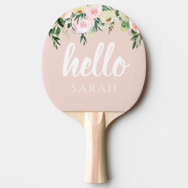 Modern Pastel Pink Flowers Hello And You Name Ping Pong Paddle (Front)
