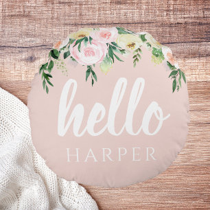 Modern Pastel Pink Flowers Hello And You Name Round Cushion