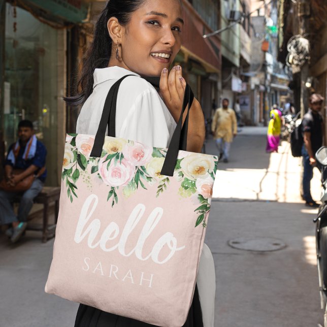 Modern Pastel Pink Flowers Hello And You Name Tote Bag (Creator Uploaded)