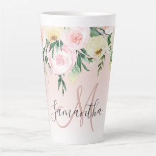 Modern Pastel Pink & Flowers With Name Latte Mug