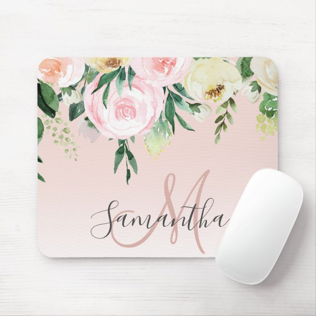 Modern Pastel Pink & Flowers With Name Mouse Mat (With Mouse)