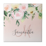 Modern Pastel Pink & Flowers With Name Tile<br><div class="desc">Modern Pastel Pink & Flowers With Name</div>