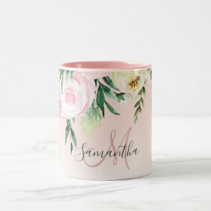 Modern Pastel Pink & Flowers With Name Two-Tone Coffee Mug