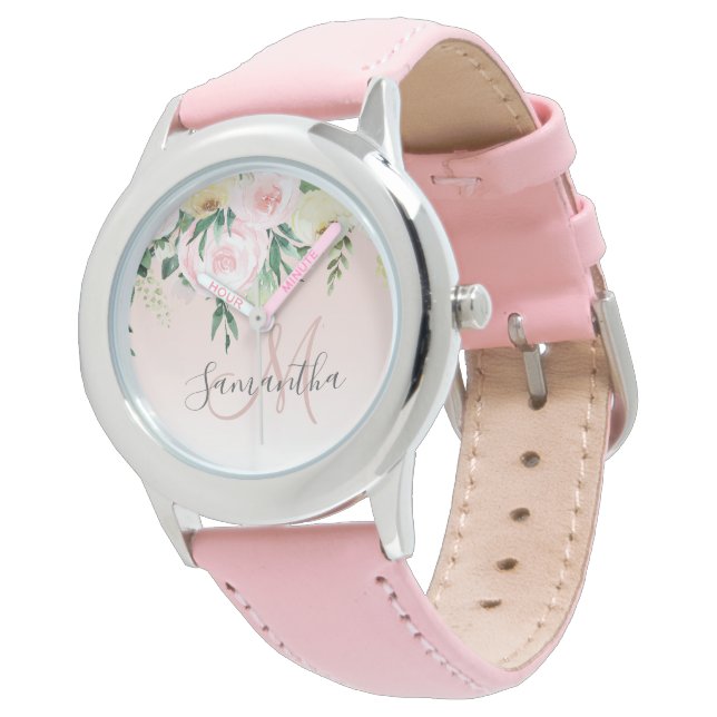 Modern Pastel Pink & Flowers With Name Watch (Angled)