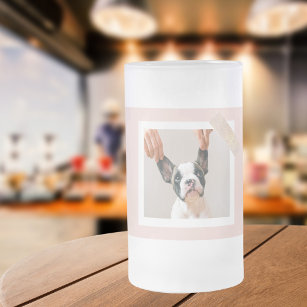 Modern Pastel Pink Frame   Personal Dog Photo Frosted Glass Beer Mug