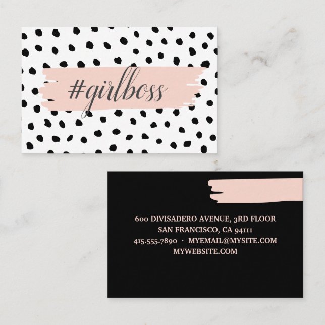 Modern Pastel Pink Girl Boss & Black Dots Business Card (Front/Back)