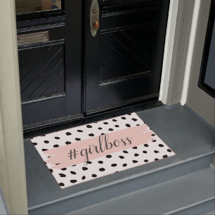 Modern Pastel Pink Girl Boss & Black Dots Doormat