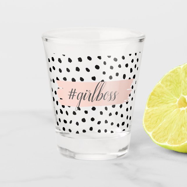 Modern Pastel Pink Girl Boss & Black Dots Shot Glass (Front)