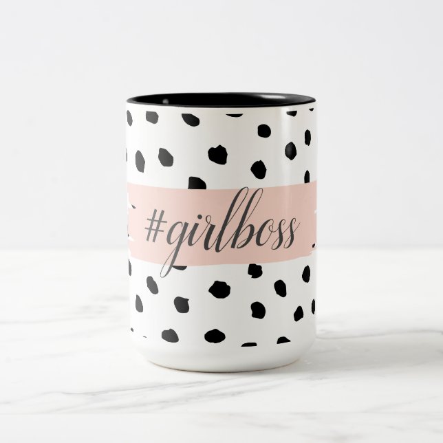 Modern Pastel Pink Girl Boss & Black Dots Two-Tone Coffee Mug (Center)