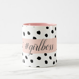 Modern Pastel Pink Girl Boss & Black Dots Two-Tone Coffee Mug