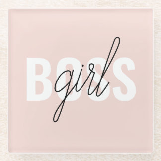 Modern Pastel Pink Girl Boss Phrase Glass Coaster