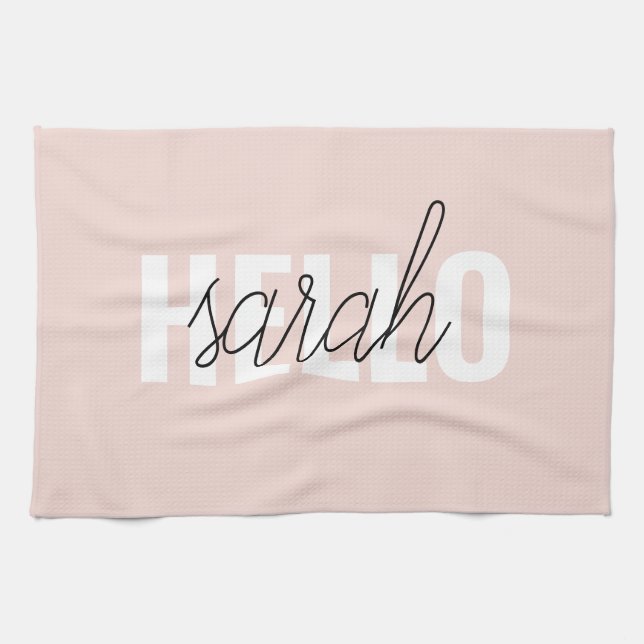 Modern Pastel Pink Hello And You Name Tea Towel (Horizontal)