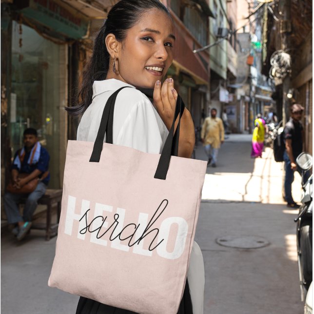 Modern Pastel Pink Hello And You Name Tote Bag (Creator Uploaded)