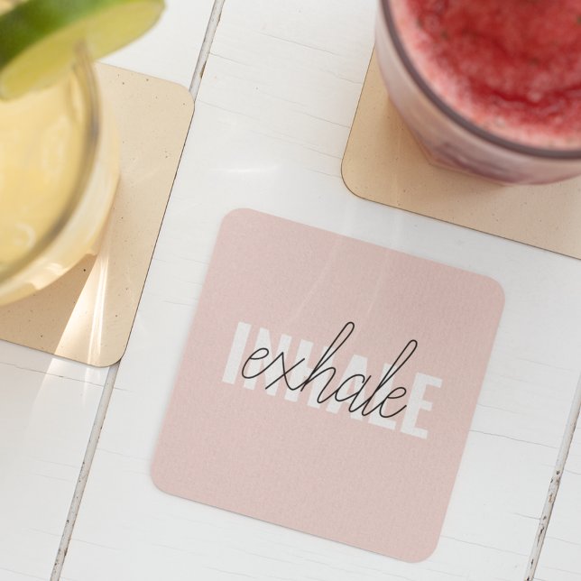 Modern Pastel Pink Inhale Exhale Quote Glass Coaster (Creator Uploaded)