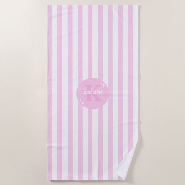 Modern Pastel Pink Monogrammed Feminine Striped Beach Towel (Front)