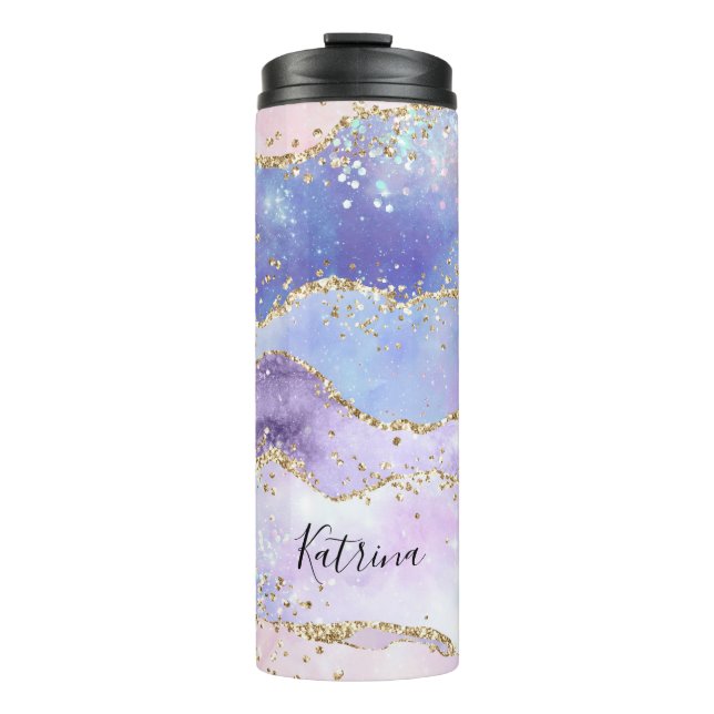 Modern Pastel Pink Purple Glitter Custom Name Thermal Tumbler (Front)
