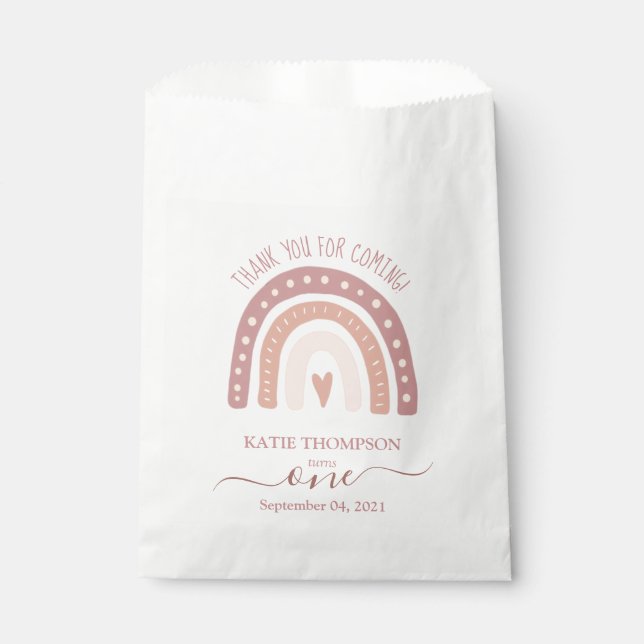 Modern Pastel Pink Rainbow Boho First Birthday Favour Bags (Front)