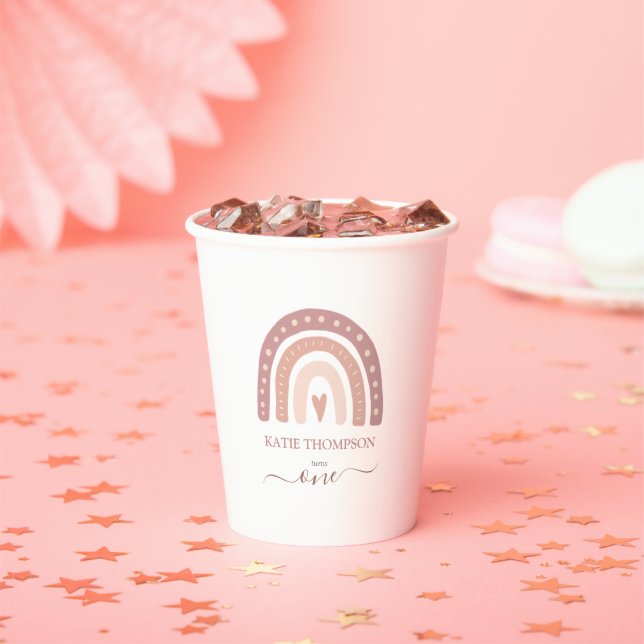 Modern Pastel Pink Rainbow Boho First Birthday Paper Cups (Insitu)