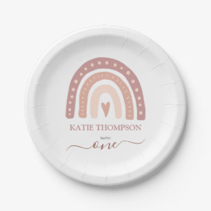 Modern Pastel Pink Rainbow Boho First Birthday Paper Plate