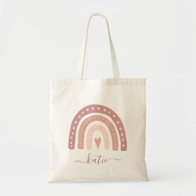 Modern Pastel Pink Rainbow Boho Your Name Tote Bag (Front)