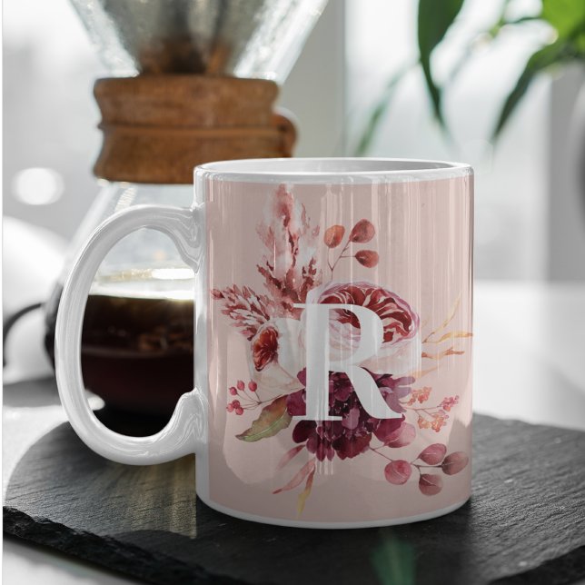Modern Pastel Pink & Red Floral With Initial Coffee Mug (Creator Uploaded)