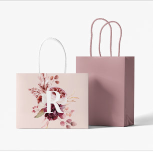 Modern Pastel Pink & Red Floral With Initial Large Gift Bag
