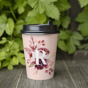 Modern Pastel Pink & Red Floral With Initial Paper Cups