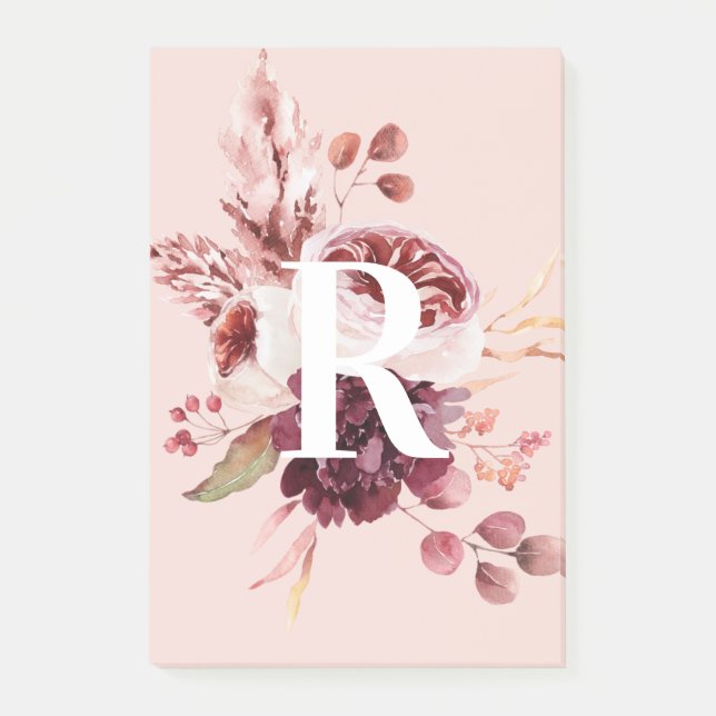 Modern Pastel Pink & Red Floral With Initial Post-it Notes (Front)