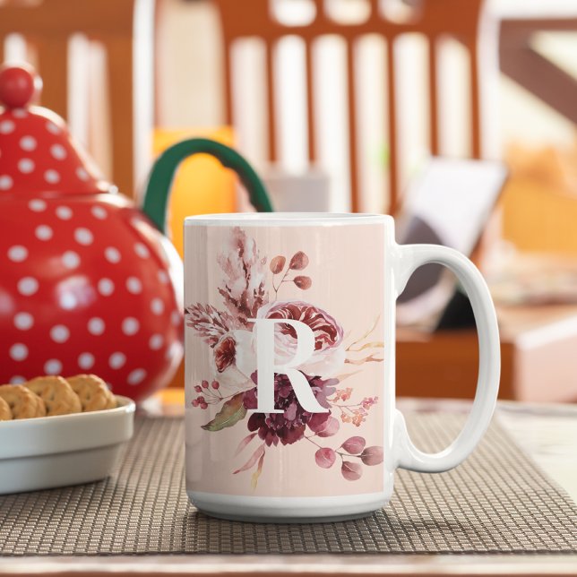Modern Pastel Pink & Red Floral With Initial Two-Tone Coffee Mug (Creator Uploaded)