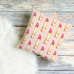 Modern Pastel Pink & Red Lipstick Pattern Girly Cushion