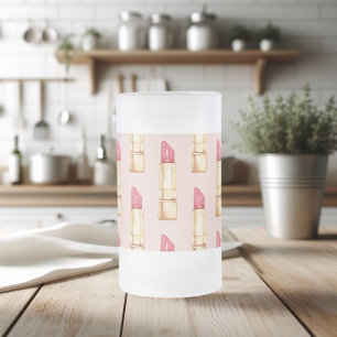 Modern Pastel Pink & Red Lipstick Pattern Girly Frosted Glass Beer Mug