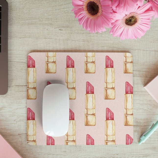 Modern Pastel Pink & Red Lipstick Pattern Girly Mouse Mat (Creator Uploaded)